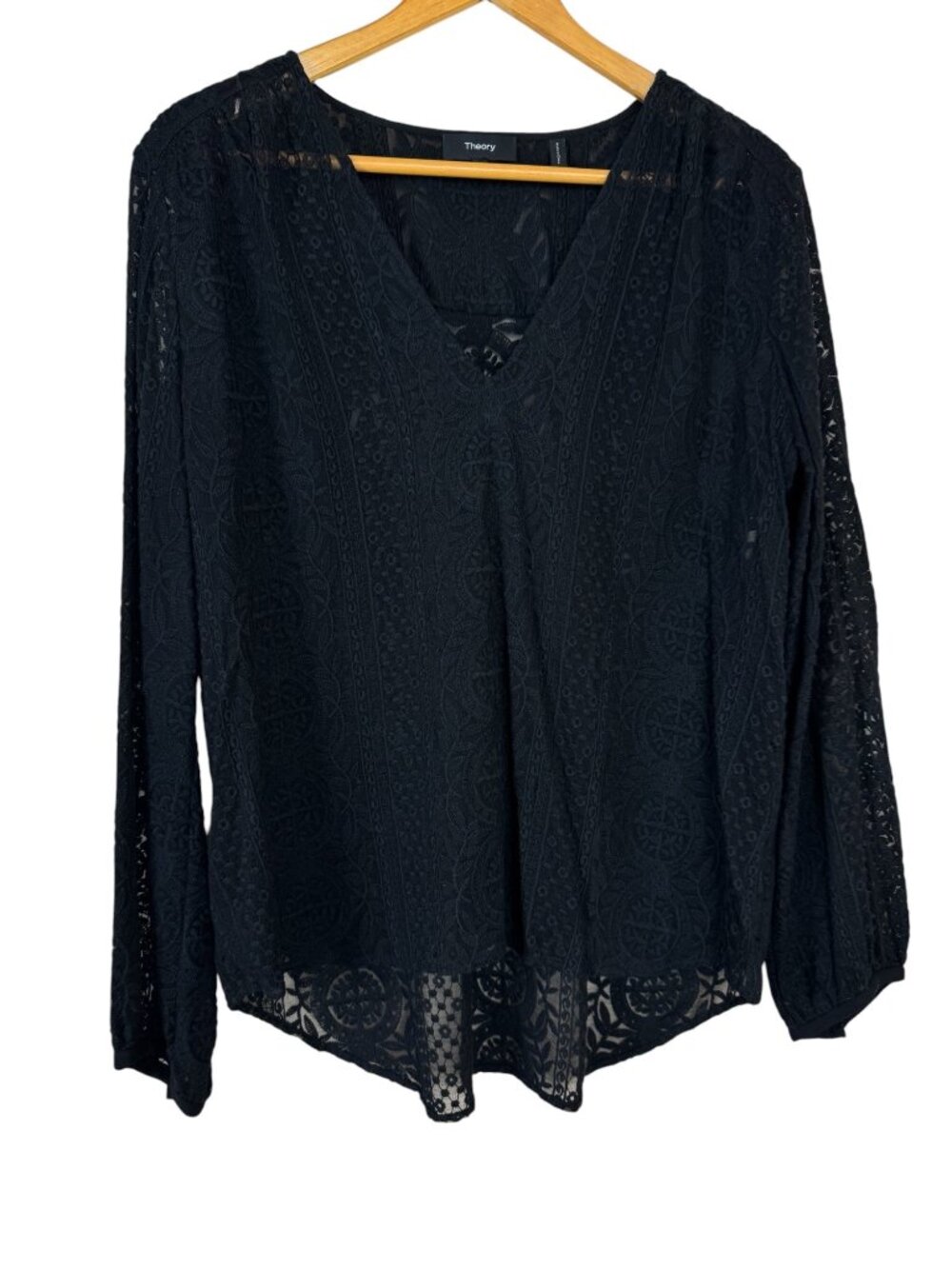 Theory Bernetta Colemore 100% Silk Black Embroidered Lace Blouse Med Semi Sheer